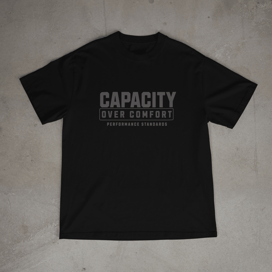 Black mens  gym t shirt with 'Capacity Over Comfort' text on chest